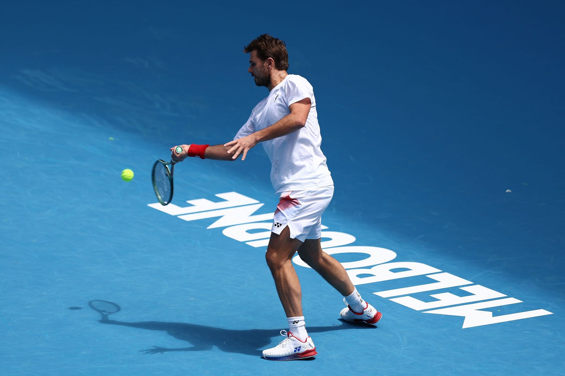 Stanislas Wawrinka of Switzerland plays a forehand during a training session ahead of the 2025 Australian Open at Melbourne Park on January 5, 2025 in Melbourne, Australia. - Source: Getty