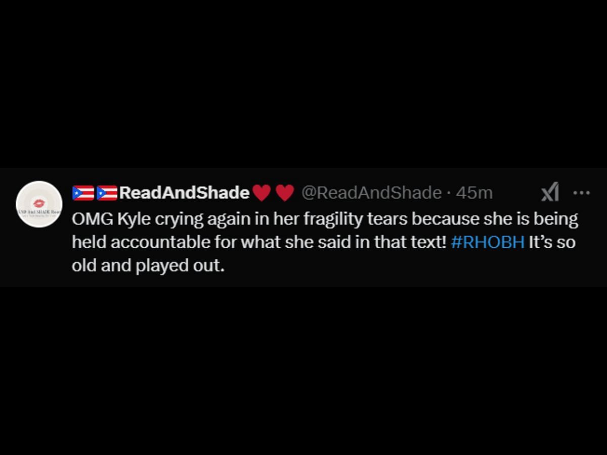 A RHOBH fan reacts to Kyle&#039;s crying (Image via X/@ReadAndShade)