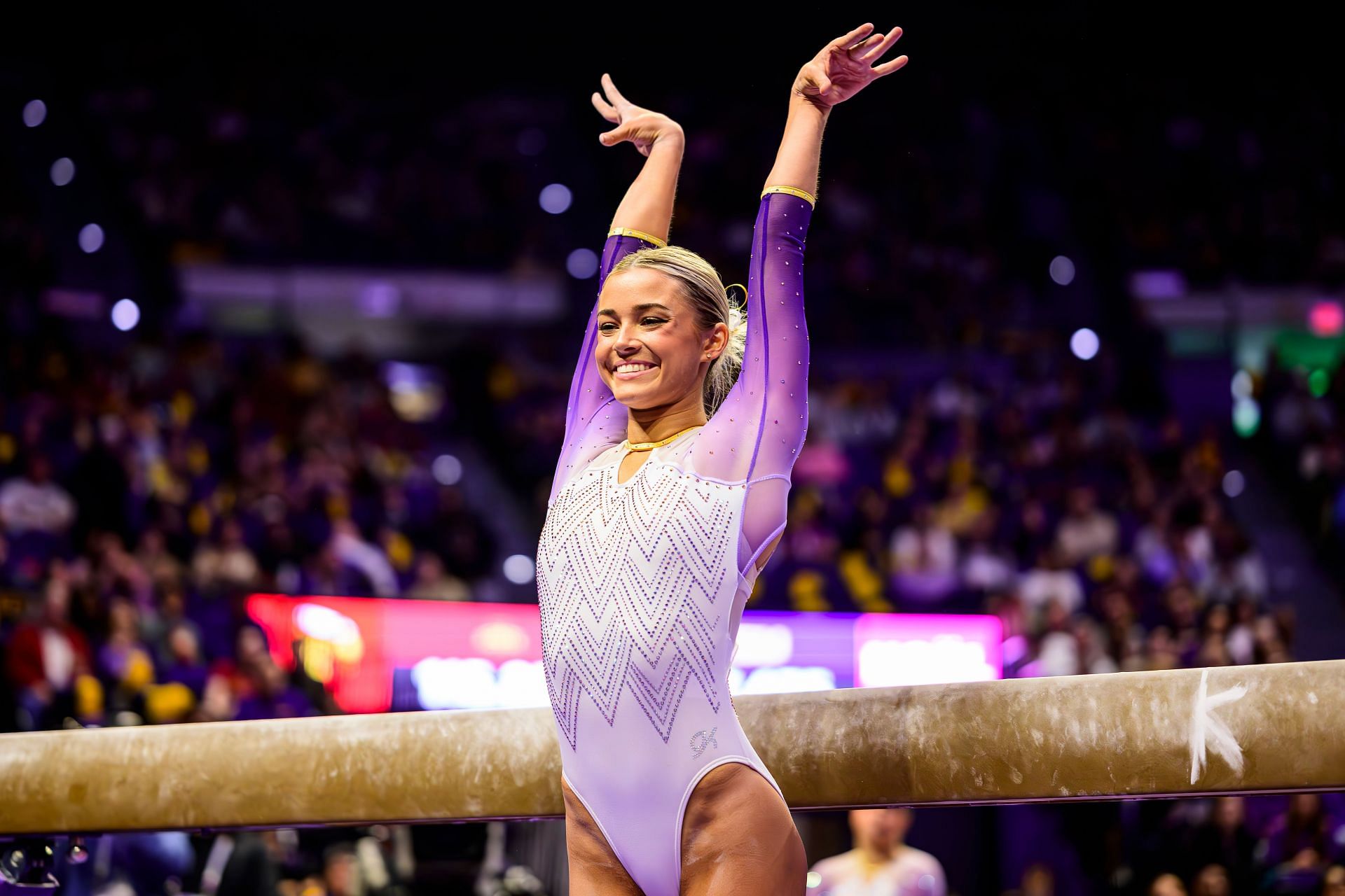 : Olivia Dunne performs at the Pete Maravich Assembly Center in Baton Rouge, Louisiana. (Photo by Stephen Bayog/University Images via Getty Images)