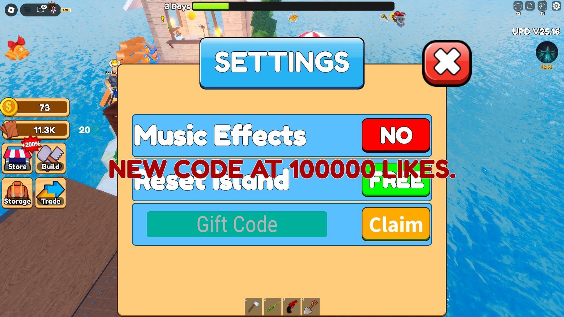 Redeem codes in Desert Island Survival (Image via Roblox)