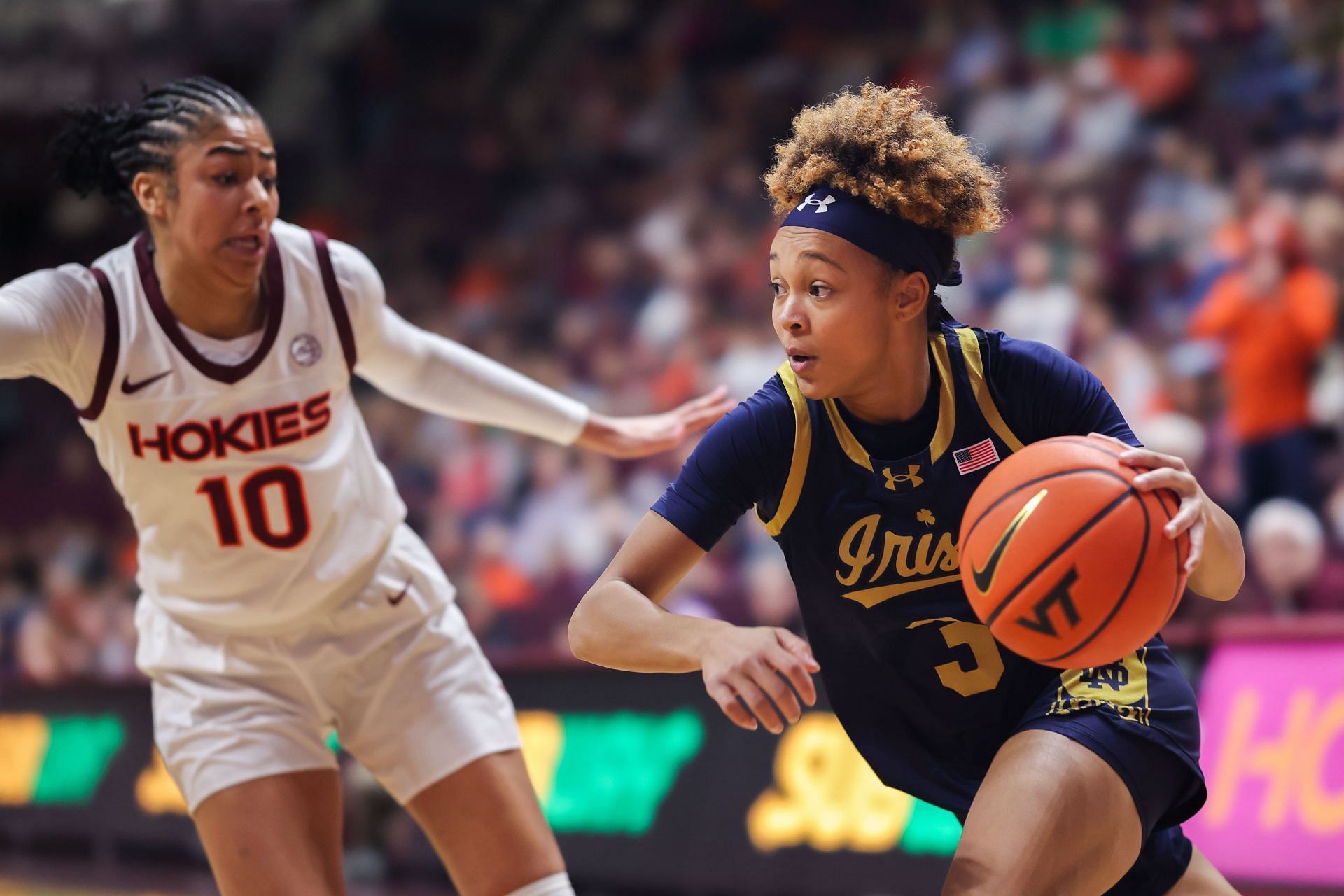 Hannah Hidalgo (#3) of the Notre Dame Fighting Irish drives past Carys Baker (#10) of the Virginia Tech Hokies in the first half during their game at Cassell Coliseum on January 30, 2025. Photo: Getty