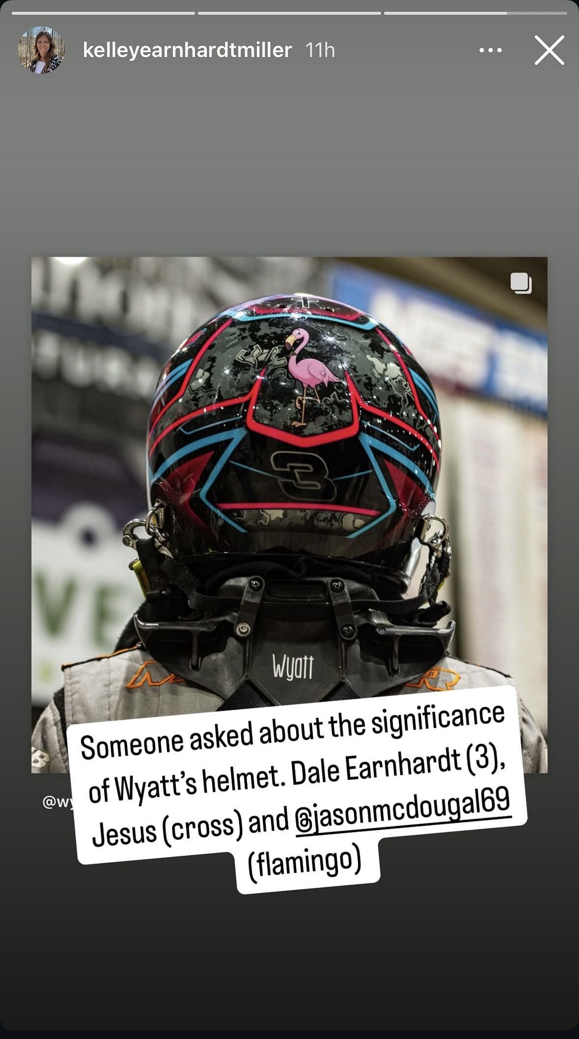 Kelley Earnhardt&#039;s instagram stories featuring Wyatt Miller&#039;s helmet - Image via Instagram/@kelleyearnhardtmiller