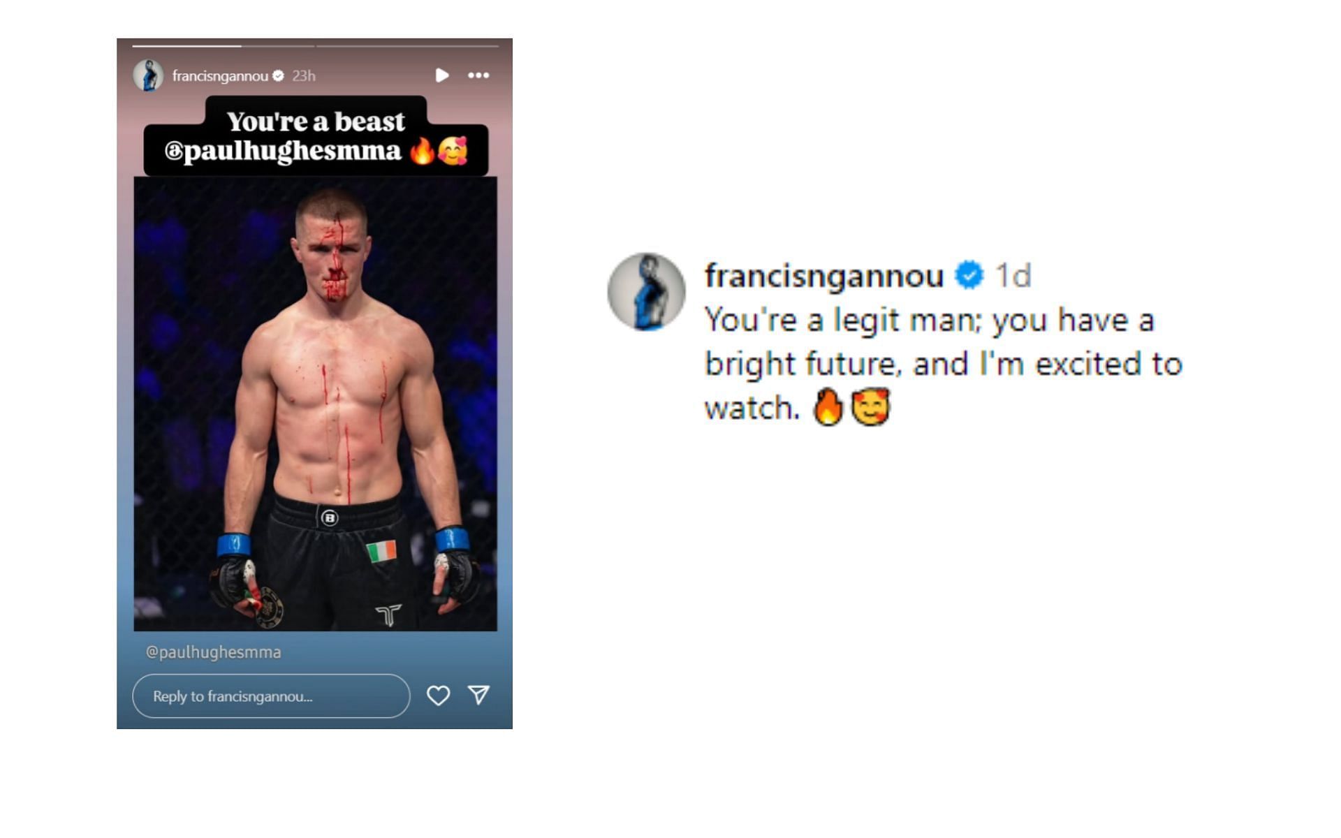 Francis Ngannou&#039;s comments regarding Paul Hughes&#039; performance [Screenshots courtesy: @francisngannou and @paulhughesmma on Instagram]