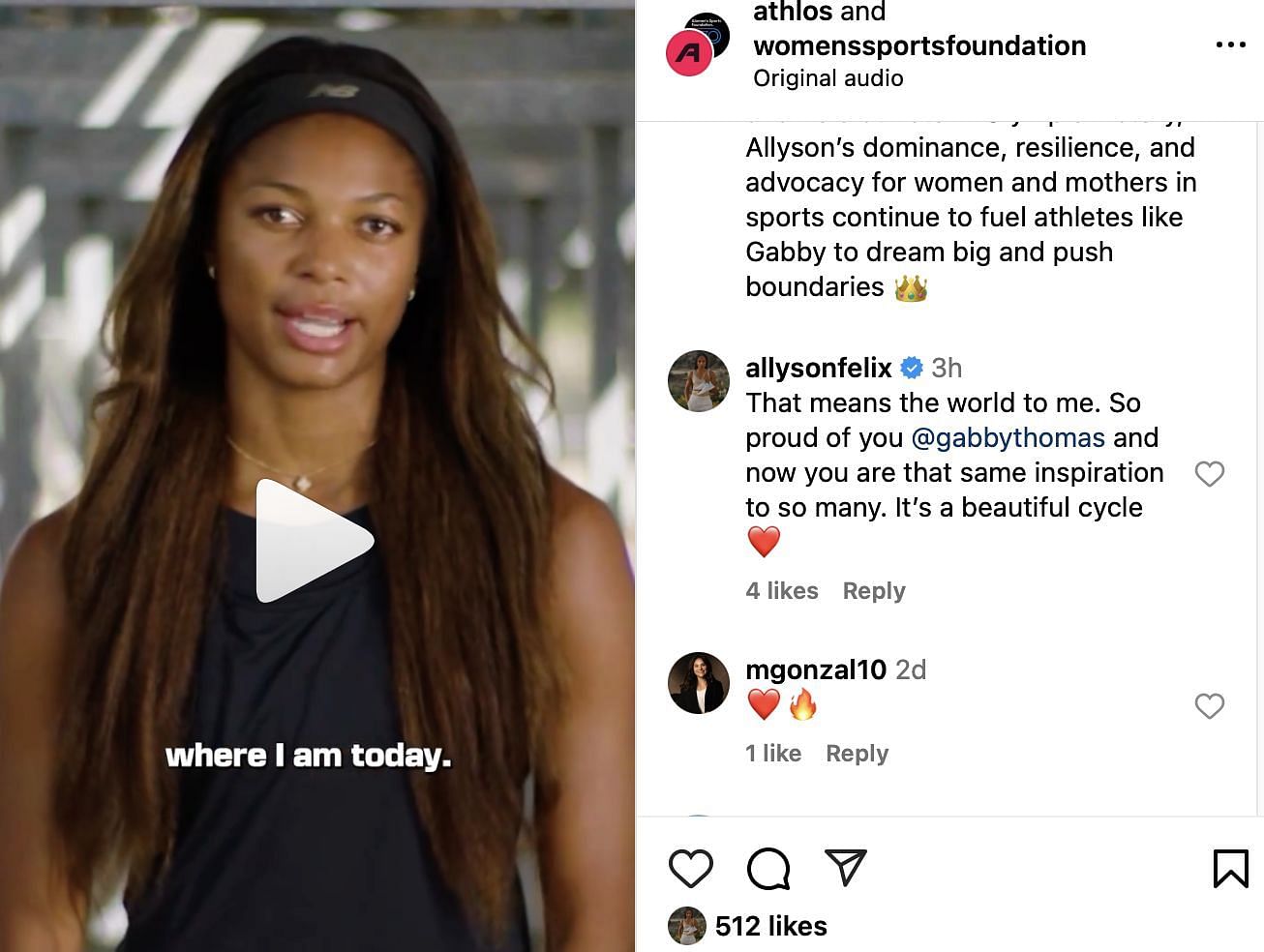 Allyson Felix reacts to Gabby Thomas&#039; interview | Instagram@athlos