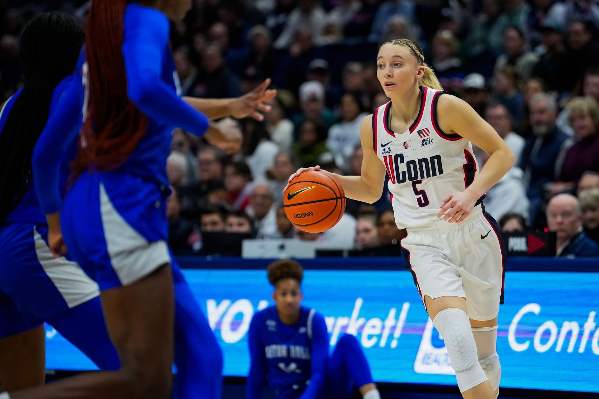 Paige Bueckers (#5) of the Connecticut Huskies plays against the Seton Hall Pirates at the Harry A. Gampel Pavilion on January 19, 2025 in Storrs, Connecticut. Photo: Getty