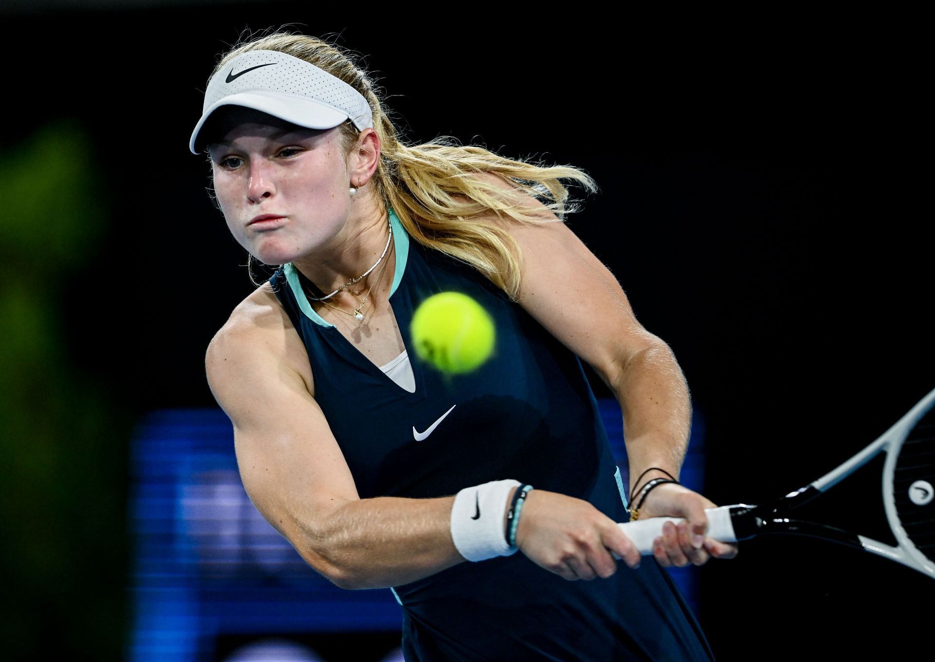 Emerson Jones of Australia plays a backhand in her match against Daria Kasatkina during day three of the 2025 Adelaide International at Memorial Drive on January 08, 2025 in Adelaide, Australia. - Source: Getty