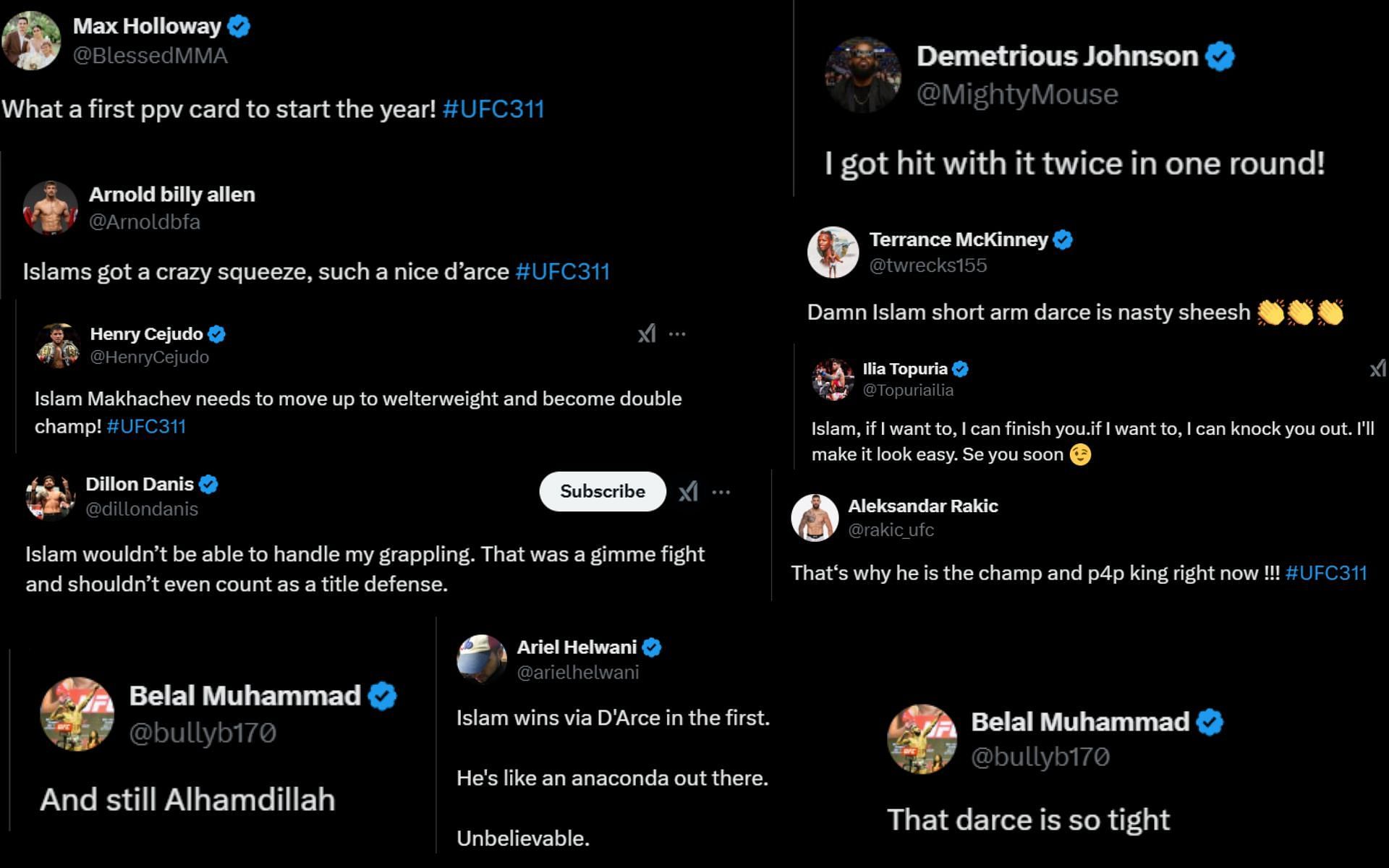 Pros react to Islam Makhachev&#039;s submission win against Renato Moicano. [Screenshots courtesy: Accounts on X]