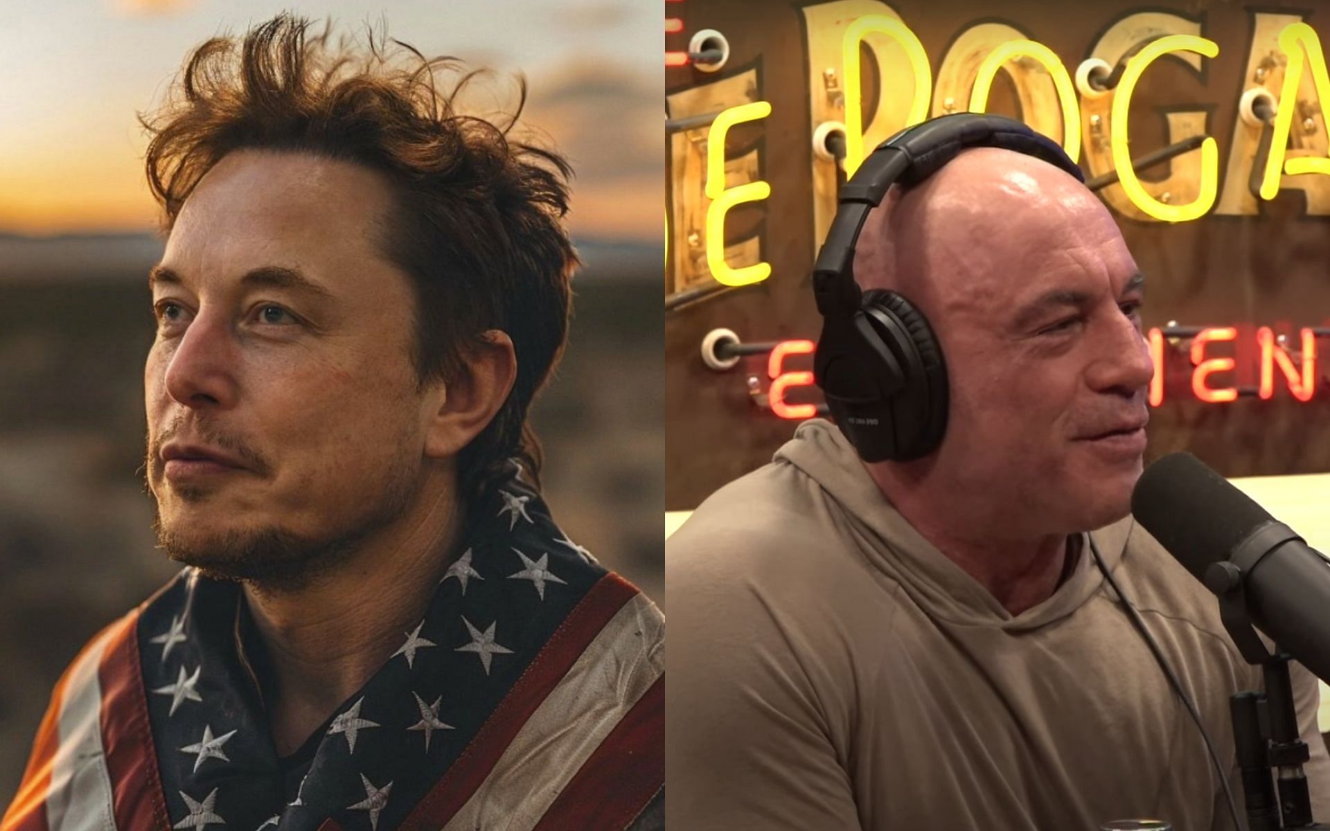 Elon Musk (left) reacts to an analysis of the podcasting success of Joe Rogan (right). [Image credit: Joe Rogan Experience on YouTube, @ElonMusk on X]