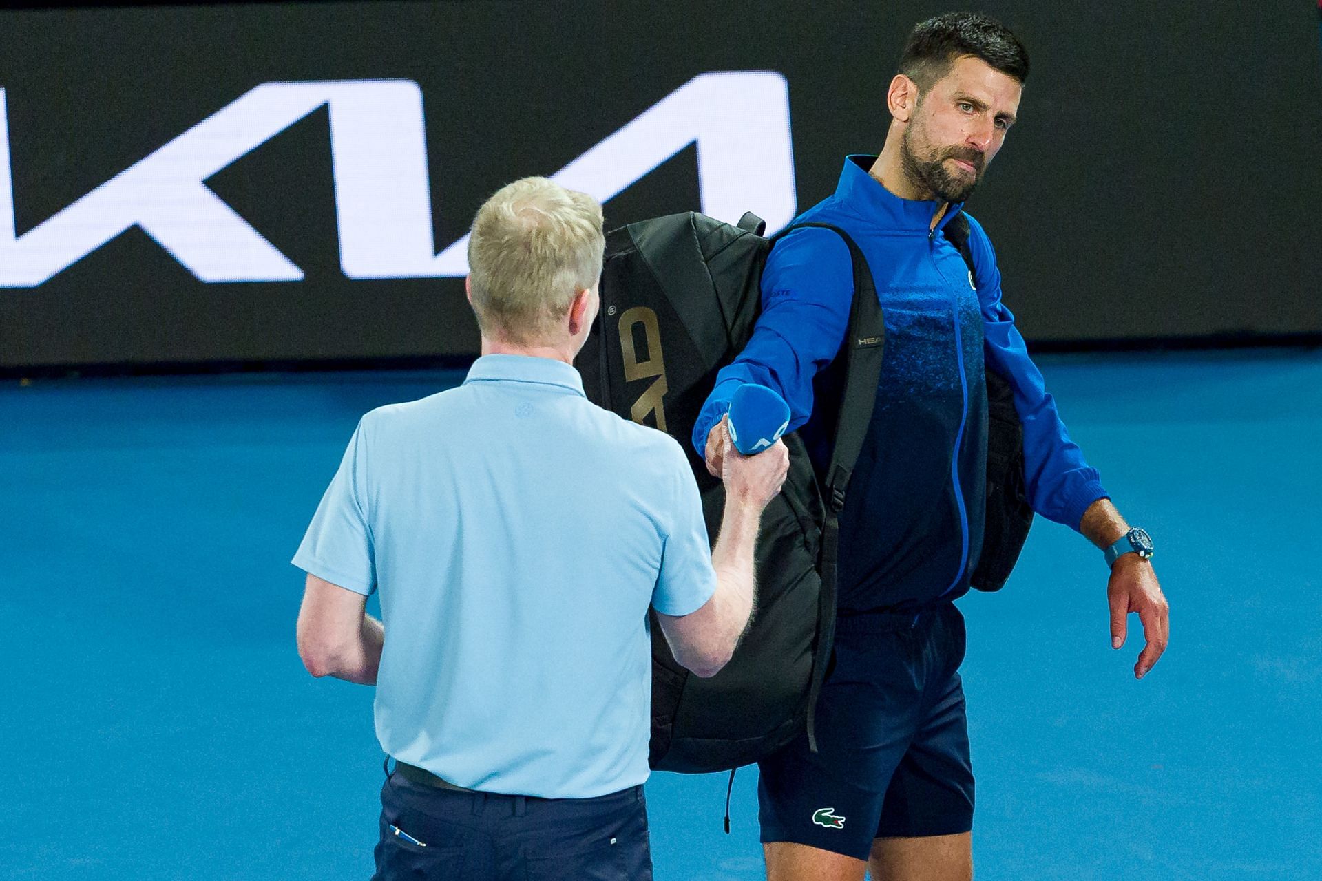 Jim Courier (left) and Novak Djokovic (right) as the Serb declines post-match interview at the 2025 Australian Open (Source: Getty)