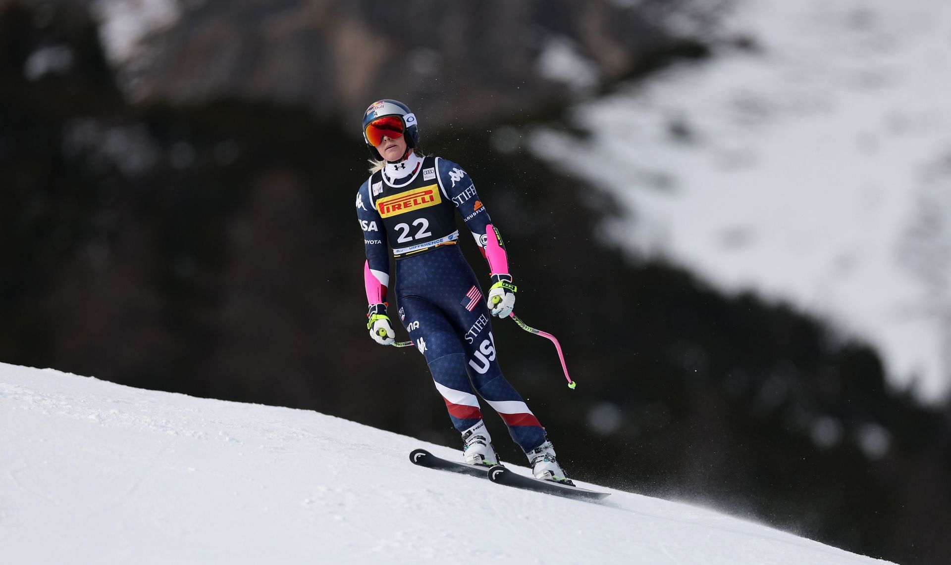 Lindsey Vonn during her FIS Ski World Cup super-g race at the Cortina d&#039;Ampezzo in January 2025 (Image via: Getty Images)