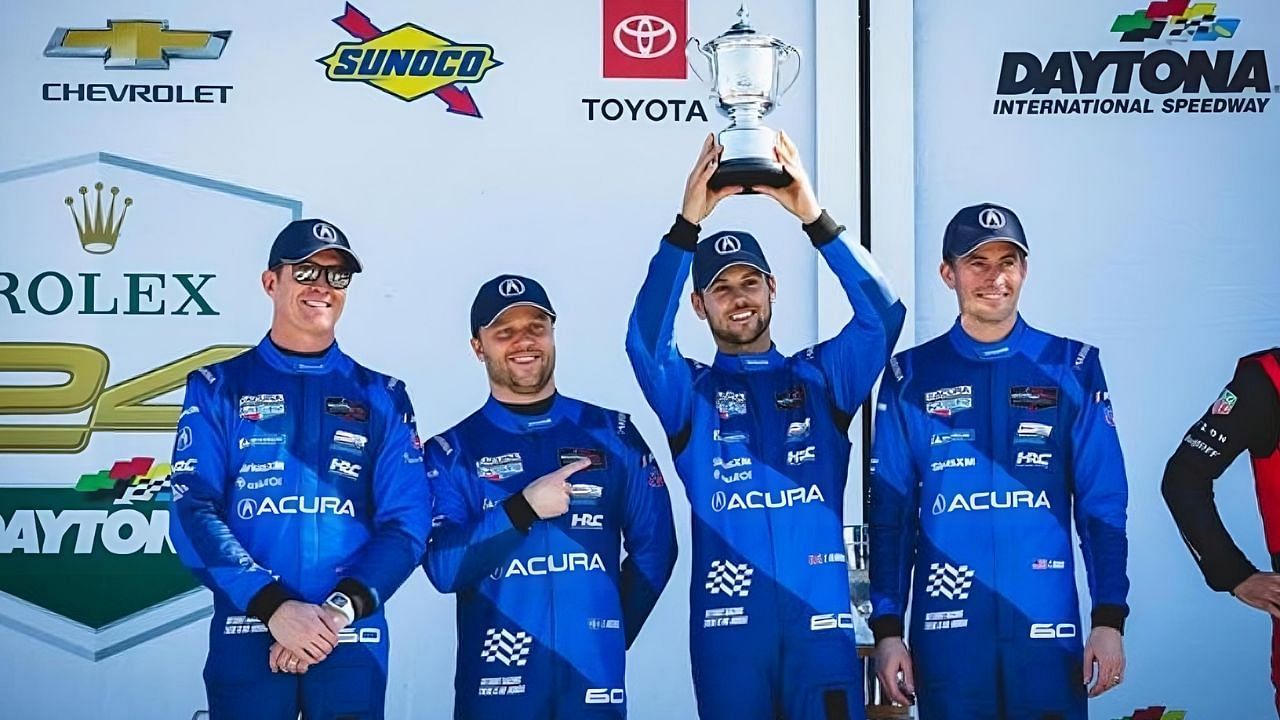 Scott Dixon, Felix Rosenqvist, Tom Blomqvist, and Colin Braun of Meyer Shank Racing celebrate podium at Rolex 24 at Daytona | Image via Instagram (@frosenqvist)