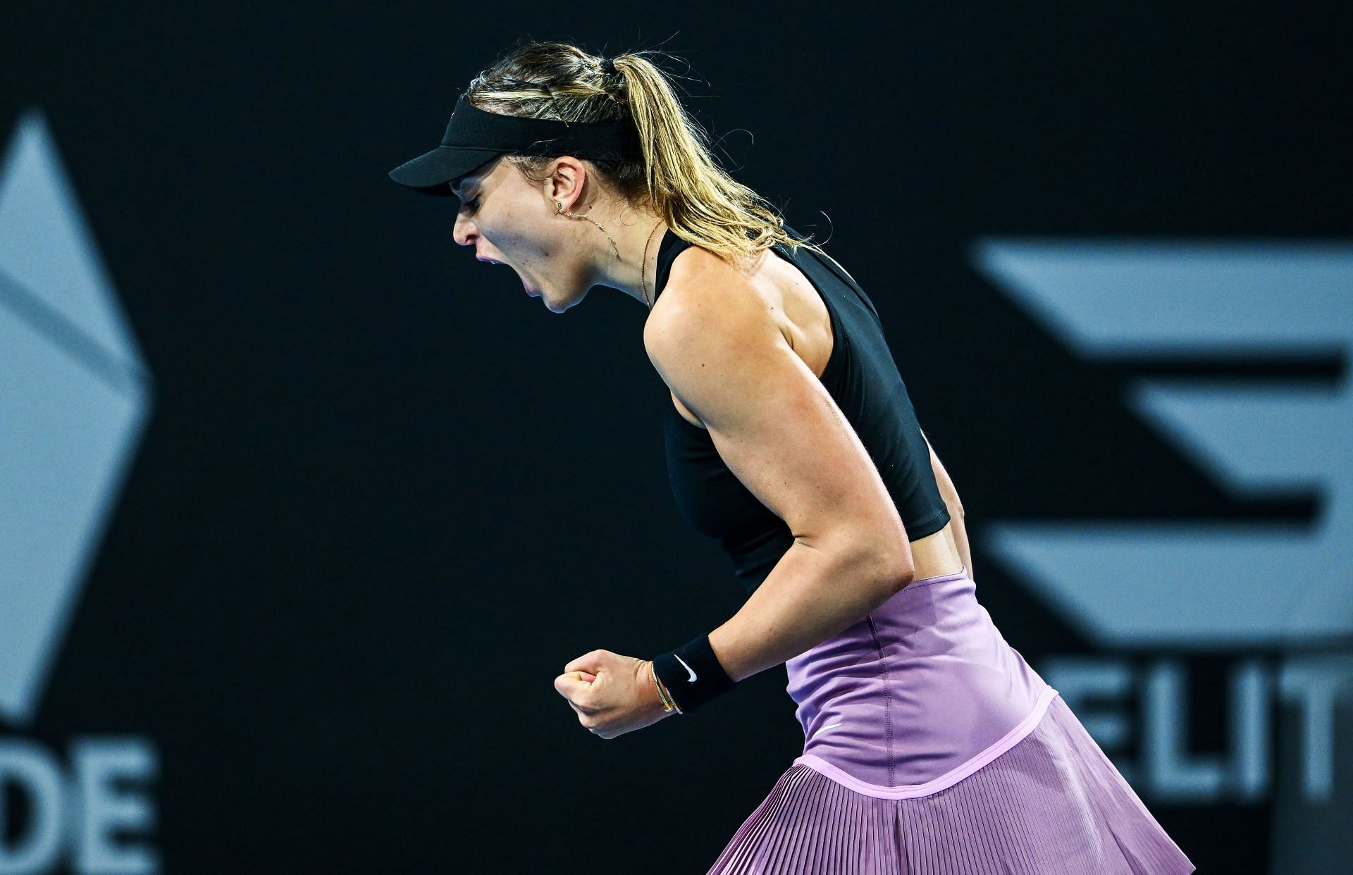 Paula Badosa celebrates during her Adelaide 1R win