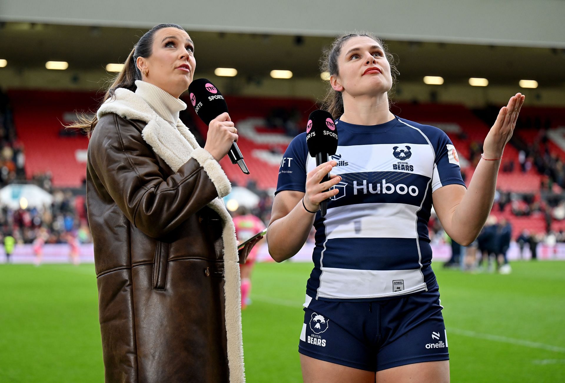 : Ilona Maher reacts in an interview (Photo by Dan Mullan/Getty Images)