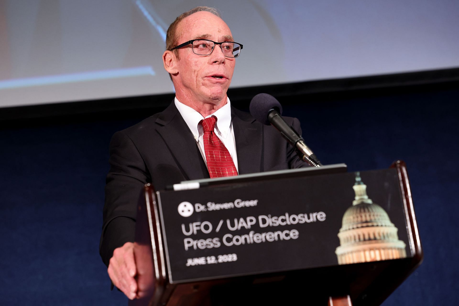 Dr. Steven Greer Holds His UFO/UAP Disclosure Press Conference In Washington, D.C. - Source: Getty