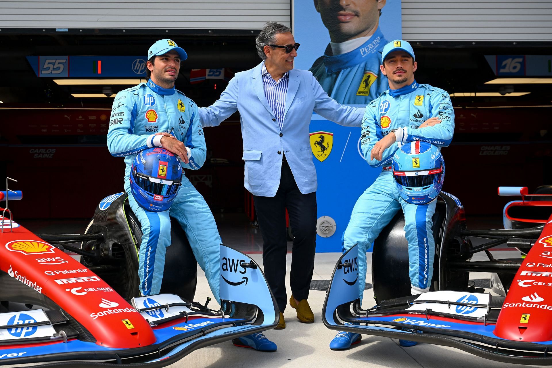 Carlos Sainz of Spain and Ferrari, Antonio Lucio, Chief Marketing &amp; Corporate Affairs Officer of HP, and Charles Leclerc of Monaco and Ferrari attend the unveiling of the Miami liveried Ferrari SF-24 - Source: Getty