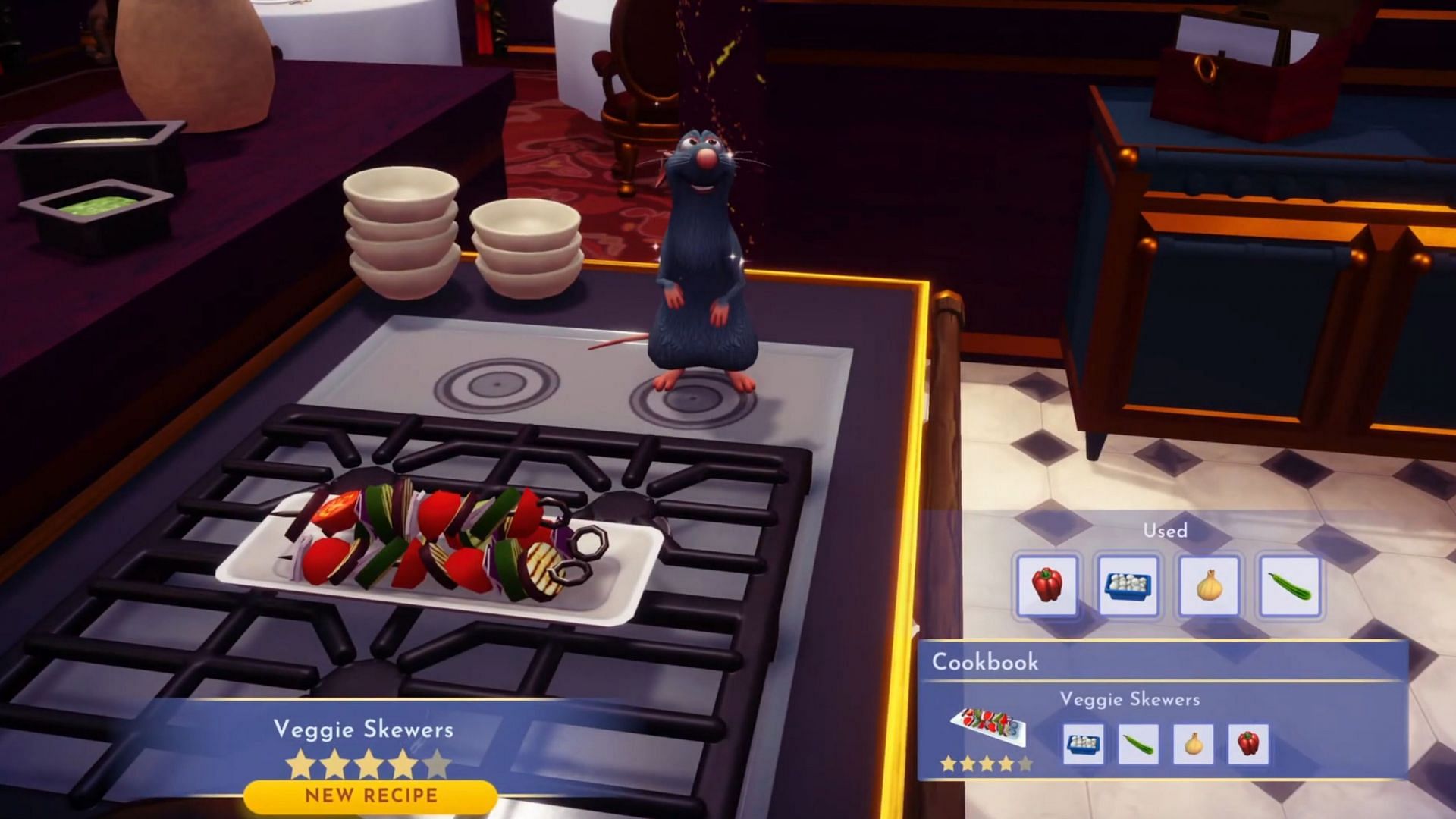 Veggie Skewers requires four different types of vegetables to make (Image via Gameloft || YouTube/@Greymane Gaming)