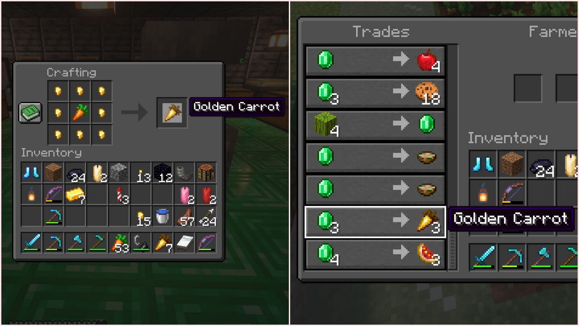 Golden carrots can either be crafted using gold nuggets and a carrot or can be bought by a farmer (Image via Mojang Studios)