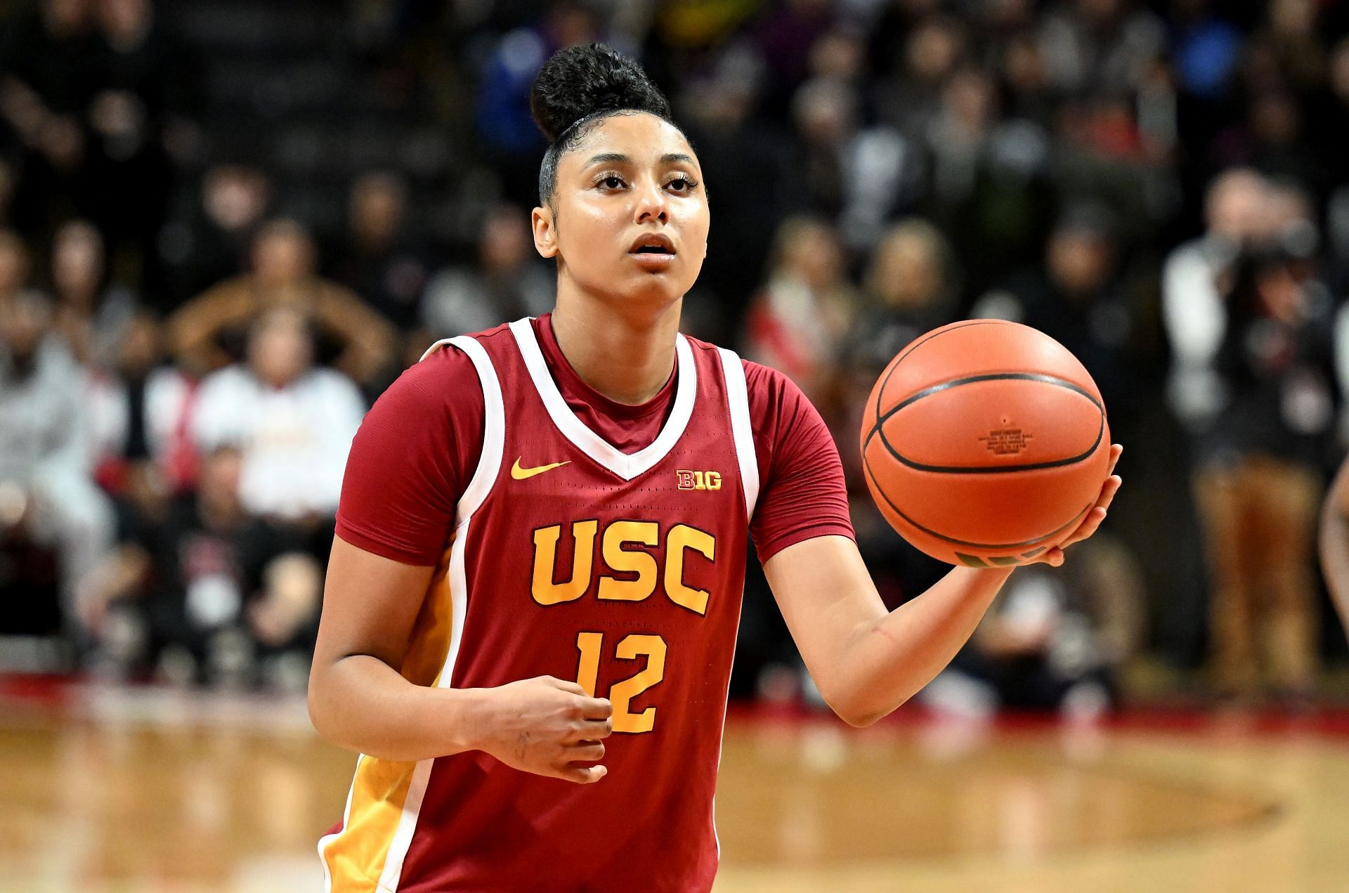 JuJu Watkins (#12) of the USC Trojans shoots a free throw in the second quarter against the Rutgers Scarlet Knights at Jersey Mike&#039;s Arena on January 05, 2025 in Piscataway, New Jersey. Photo: Getty