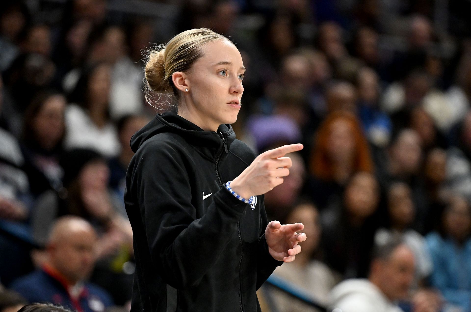 Paige Bueckers of the UConn Huskies watches the game against the Georgetown Hoyas at Entertainment &amp; Sports Arena on January 11, 2025 in Washington, DC. Photo: Getty