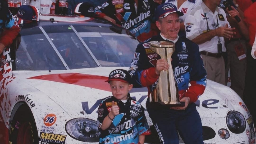 Mark Martin celebrates a race win with his son Matt (Image via Instagram/@markmartinarchive)