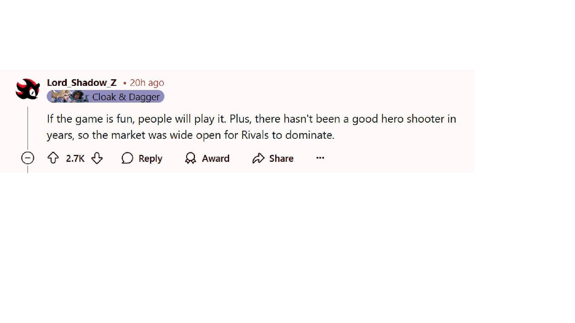 A positive comment from a player (Image via Reddit/u/Lord_Shadow_Z )