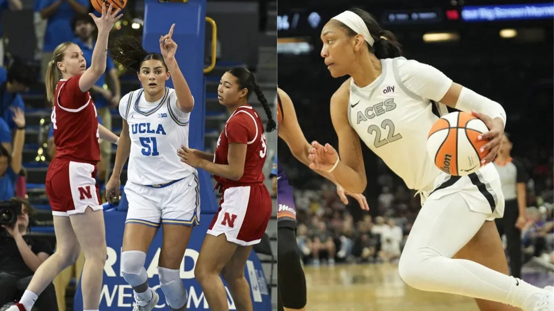 UCLA center Lauren Betts, Las Vegas Aces center A&#039;ja Wilson. Photo Credits: Imagn