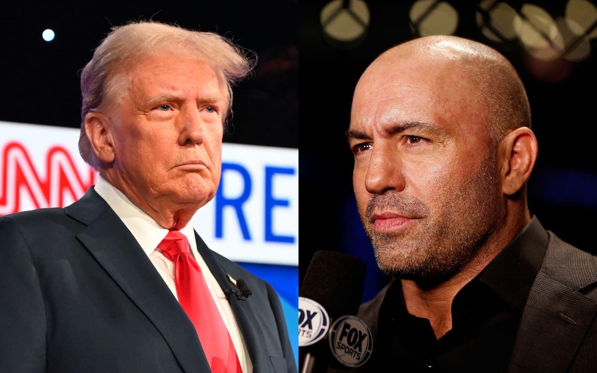 Joe Rogan (right) reacts to Donald Trump