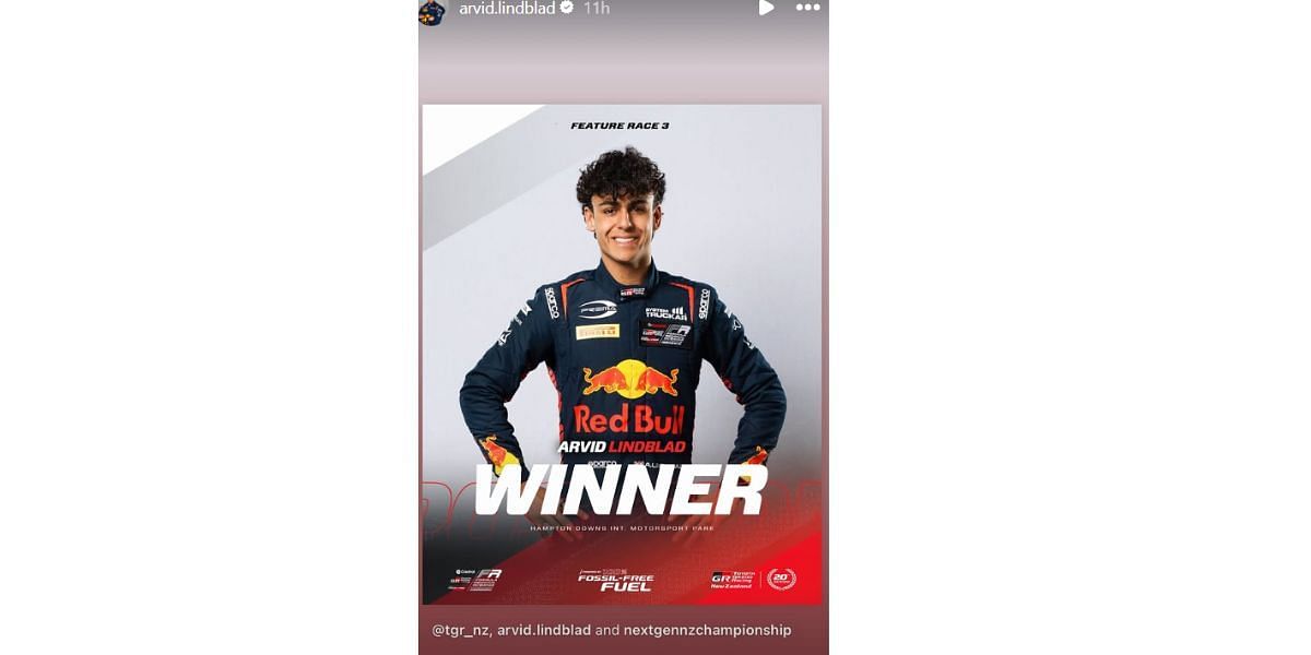 Screengrab of Red Bulls &#039;next Max Verstappen&#039; Arvid Lindblad&#039;s Instagram story (@arvid.lindblad)