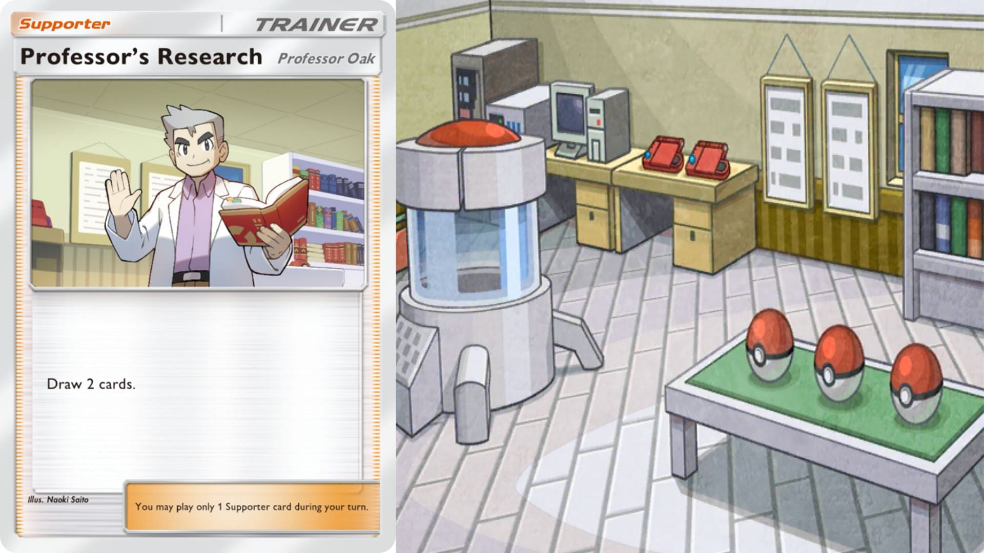 Professor Oak&rsquo;s card and Laboratory (Image via The Pokemon Company)