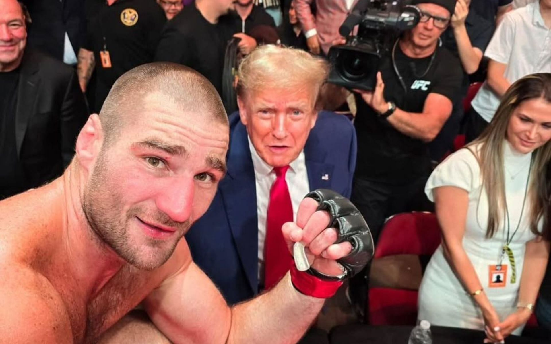 Sean Strickland (left) reacts to Donald Trump (center) declaring Mexican drug cartels as foreign terrorist organizations. [Image courtesy: @stricklandmma on Instagram]