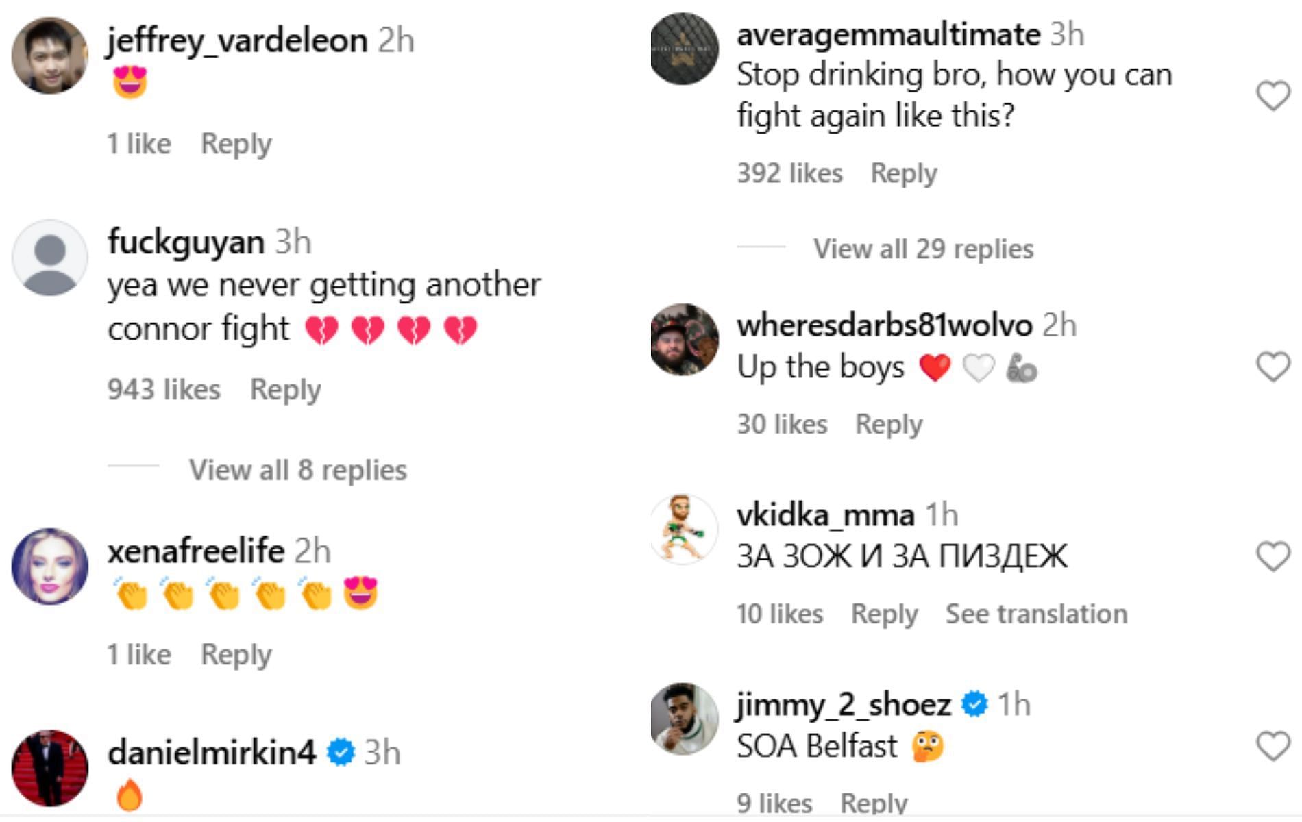 Fan reactions to Conor McGregor&#039;s Instagram post. [Screenshots courtesy: @thenotoriousmma on Instagram]