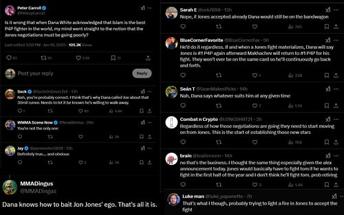 Fans react to Dana White's stance switch in P4P debate. [Screenshots courtesy: @PetesyCarroll on X]