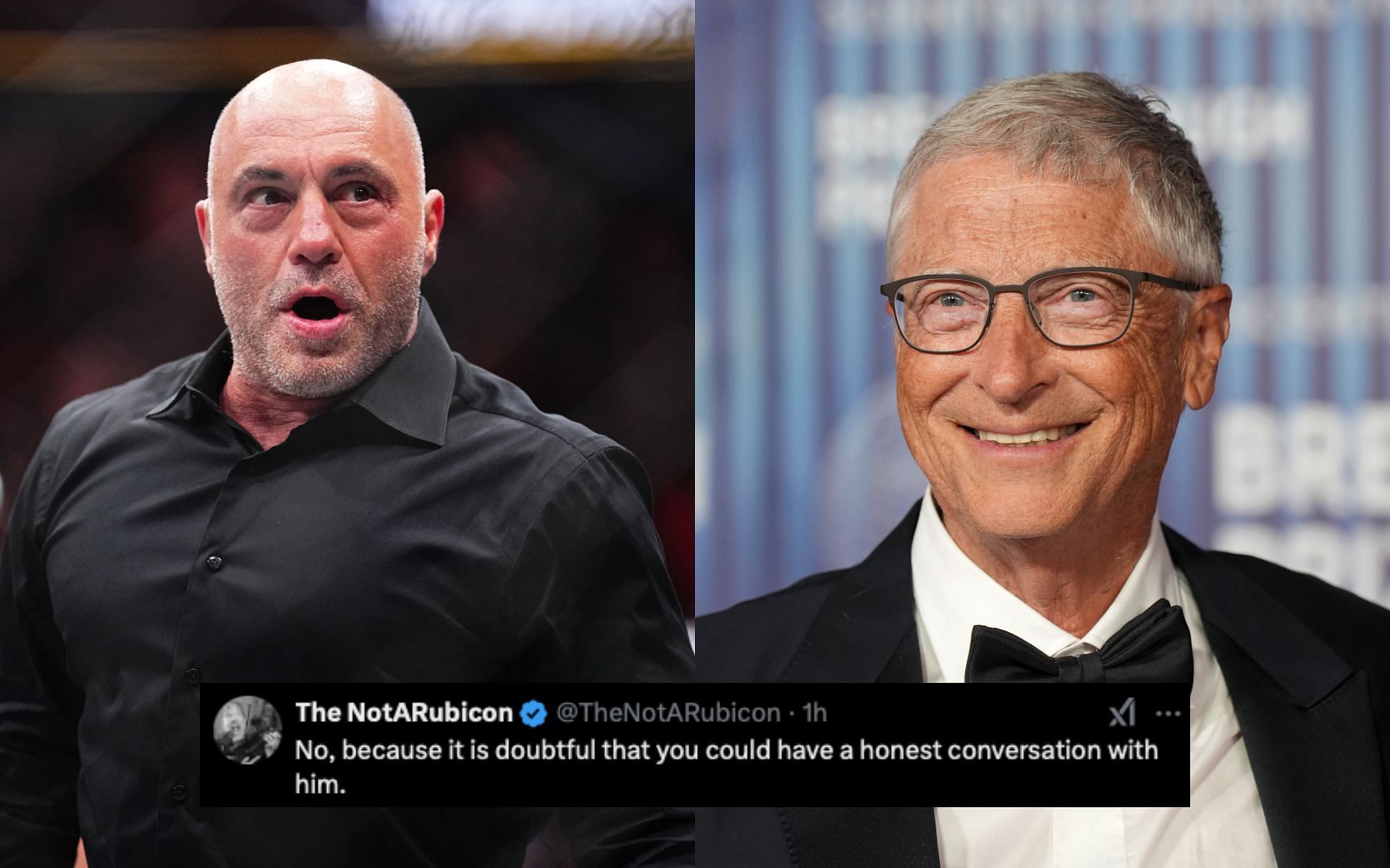 Fans on Bill Gates (right) potentially talking to Joe Rogan (left) on his podcast. [Image courtesy: Getty Images]