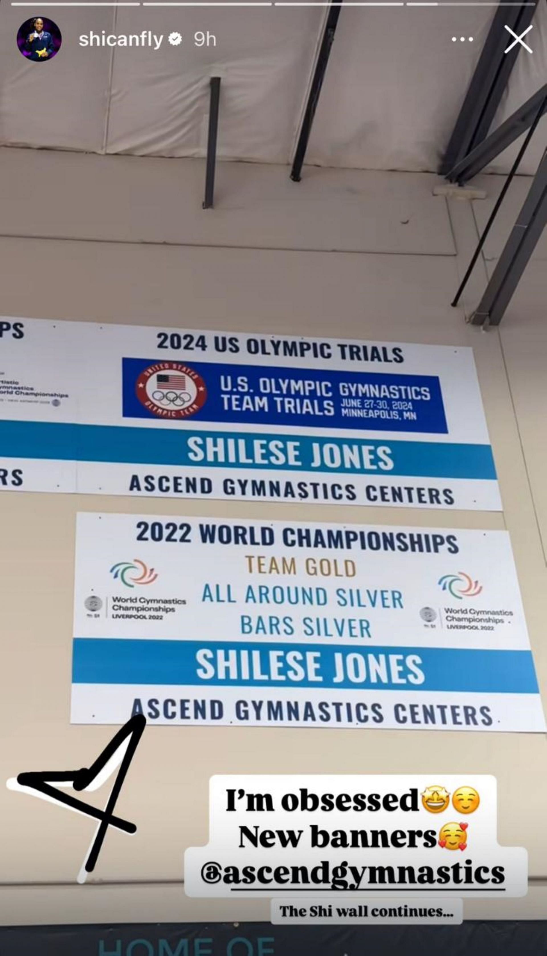 Shilese Jones shows off her laurels on the Ascend Gymnastics&#039; wall; Instagram - @shicanfly