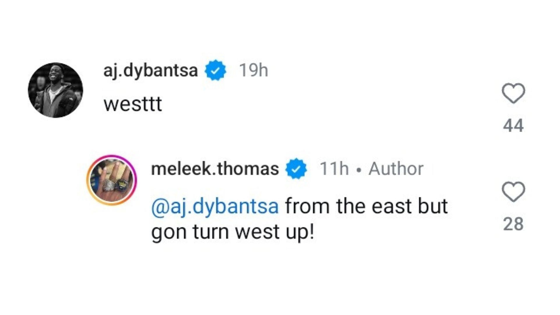 AJ Dybantsa&#039;s reaction to Meleek Thomas&#039; post on selection for the McDonald&#039;s All-American Game. (Image via Instagram @Meleek.thomas)