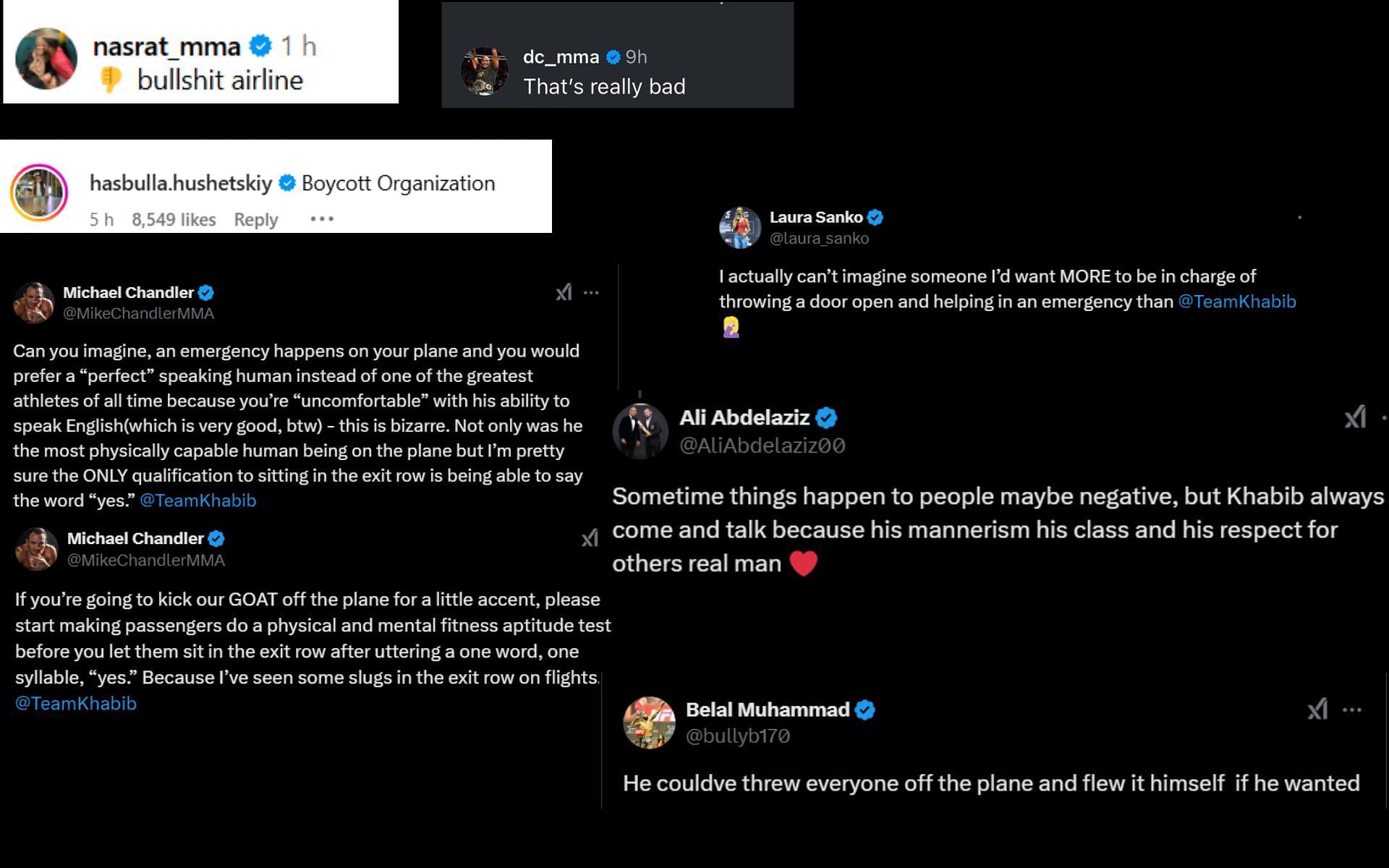 MMA community reacts to Khabib Nurmagomedov&#039;s airplane incident. [Images courtesy: Accounts on X]