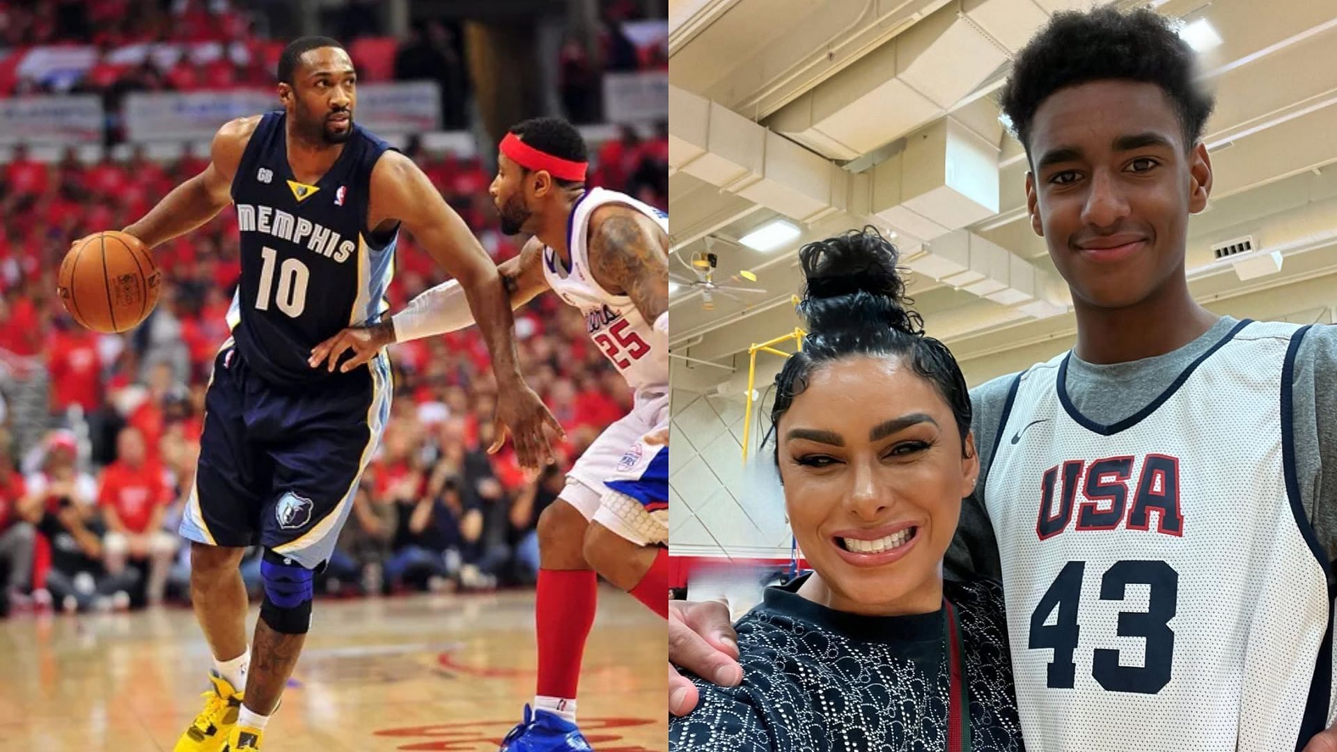 Former NBA player Gilbert Arenas. Laura Govan and Alijah Arenas pose for a photo: Photo Credits: Imagn, Laura Govan&#039;s IG account