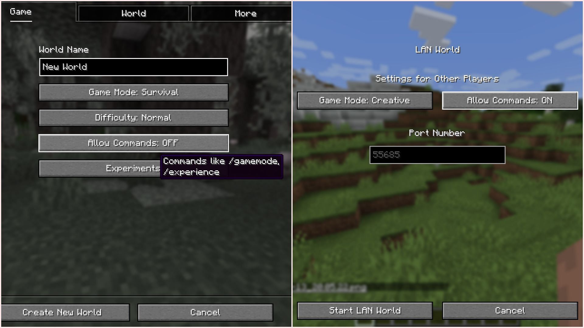 Activate cheats on either a new or an existing world to enter commands (Image via Mojang Studios)