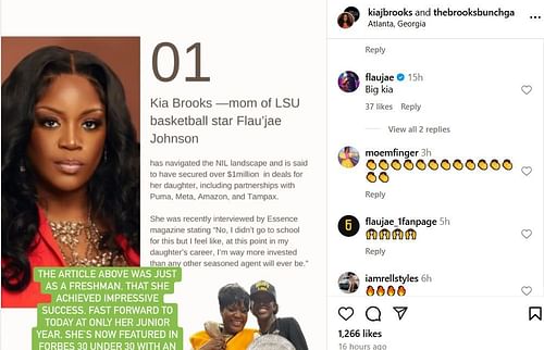 LSU star Flau'Jae Johnson hails her mom, Kia Brooks, on IG. Image via @kiajbrooks