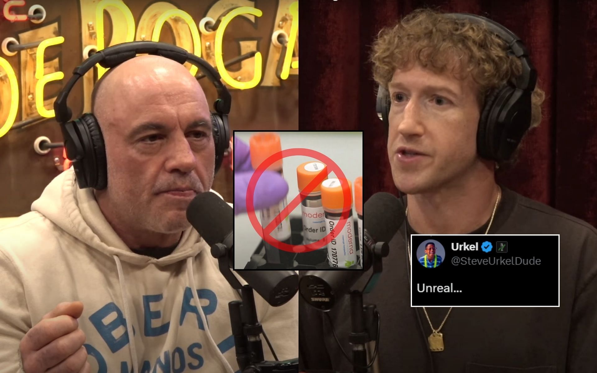 Fans react (insert, right) to Mark Zuckerberg (right) telling Joe Rogan (left) that the Biden administration pushed Facebook to censor anti-vaccine content. [Image credit: @unusual_whales on X, PowerfulJRE, Moderna on YouTube]