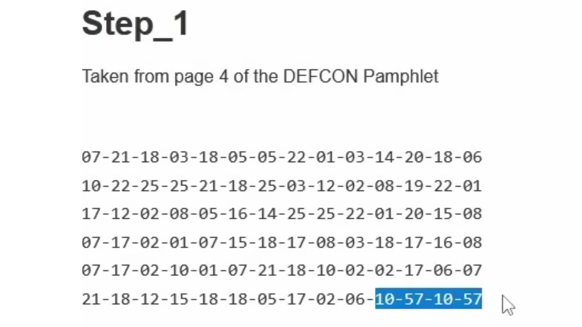 LosT&#039;s DEFCON cipher in question, it should be noted that the numbers &#039;10-57&#039; highlighted signify @1o57, or LosT&#039;s social media handle (Image via Fearfultears/YouTube)