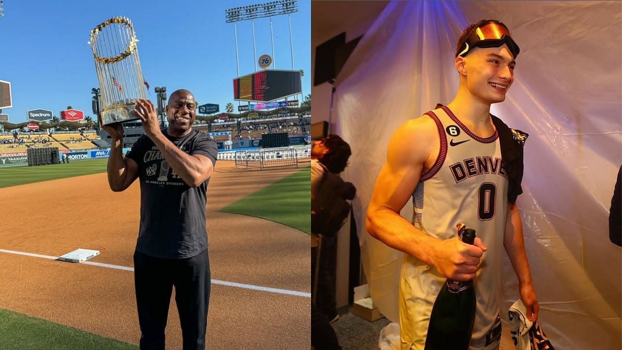 Magic Johnson salutes Christian Braun as just the fifth player in history to win back-to-back NCAA and NBA championships. [photo: @christianxbraun/IG, @magicjohnson/IG]