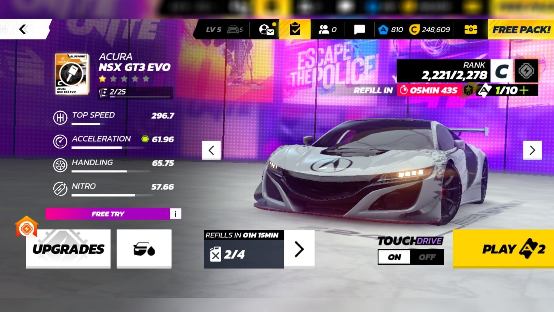 Stats of a 1-star Acura NSX GT3 Evo (Image via Gameloft)