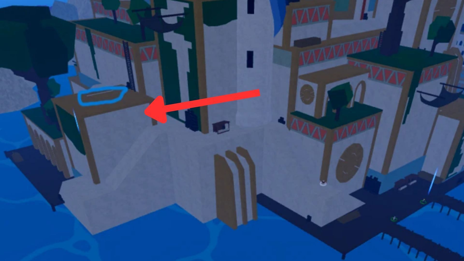 Shark Hunter location in Tiki Outpost (Image via Roblox)