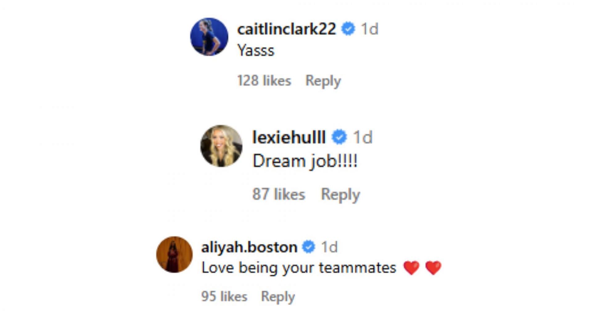 Indiana Fever players comment on Grace Berger&#039;s post