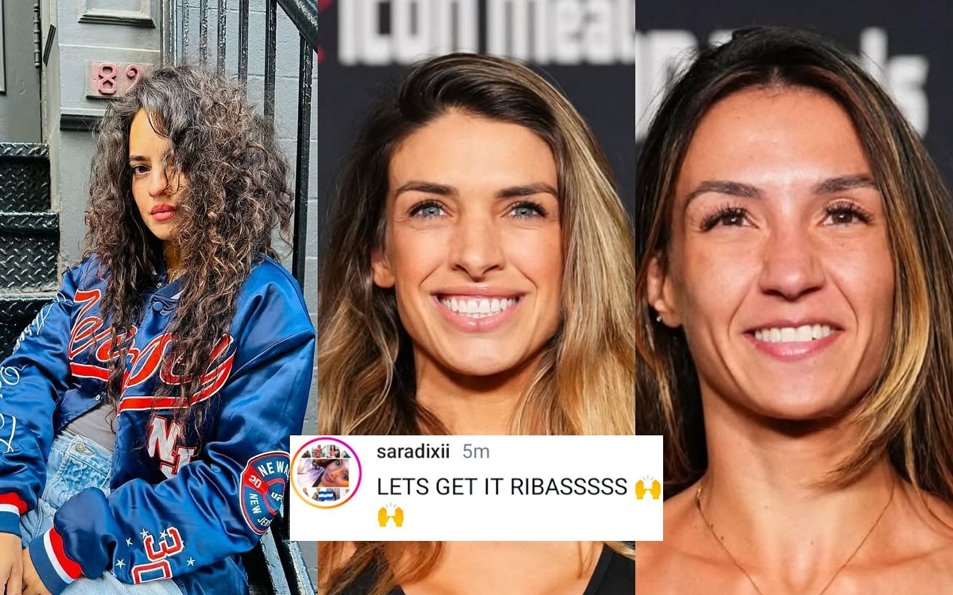 Nina-Marie Daniele (left) and fans react as Mackenzie Dern (middle) vs. Amanda Ribas (right) is all set after a successful weigh-in. [Image courtesy: @ufc and @ufcstore on Instagram]