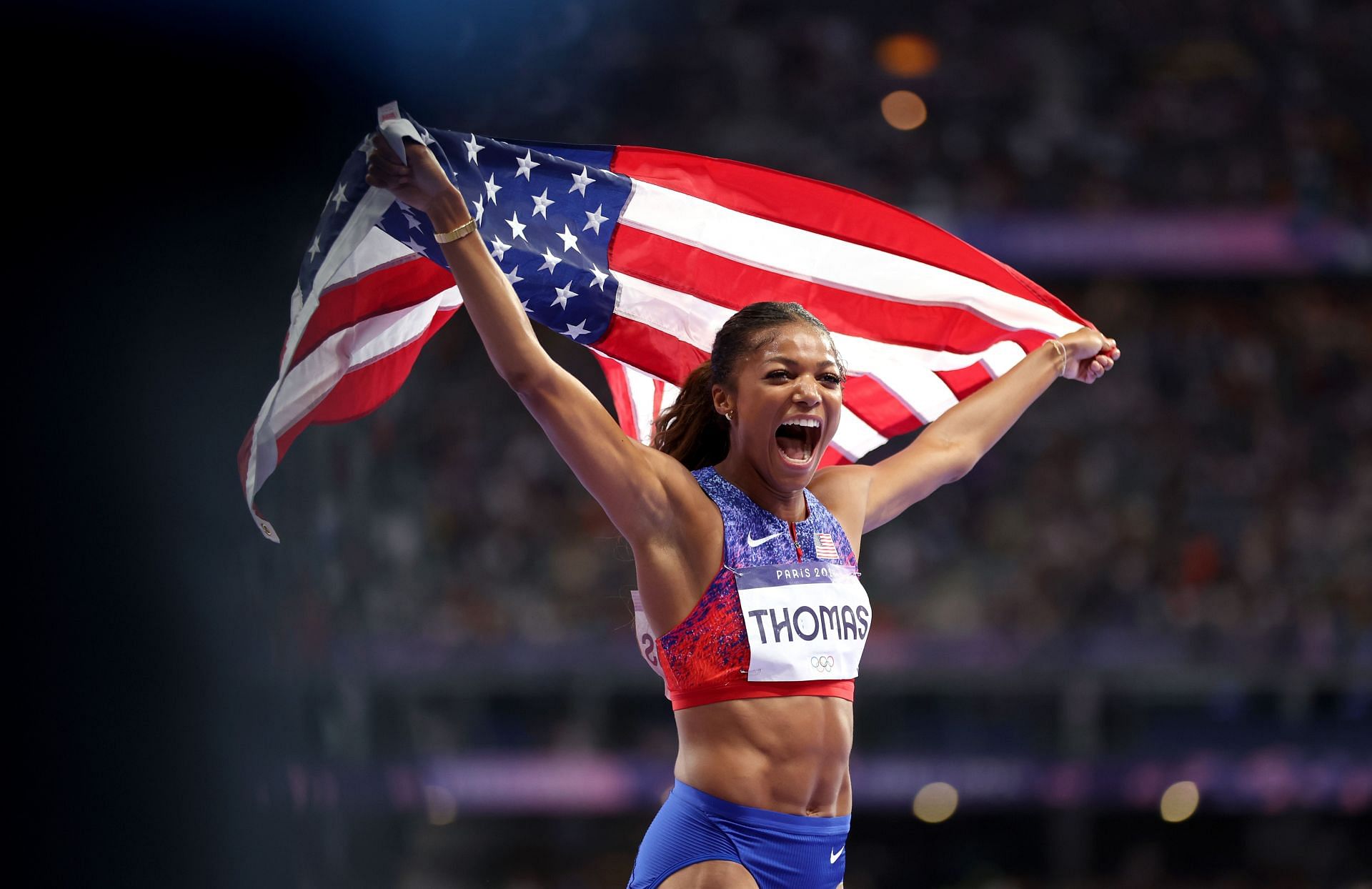 Gabby Thomas at the Paris Olympics. (Photo by Michael Steele/Getty Images)