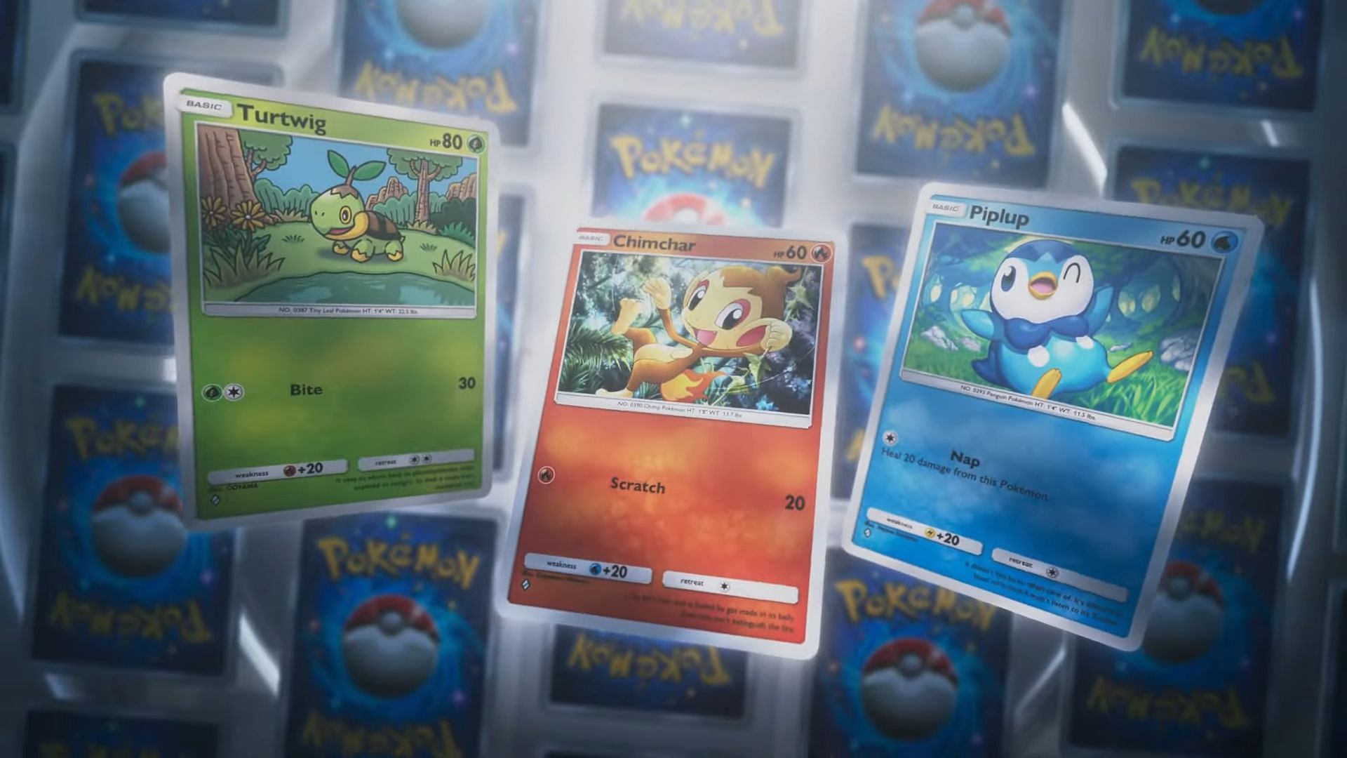 Sinnoh starters&#039; stage one cards as seen in the announcement video (Image via The Pokemon Company)