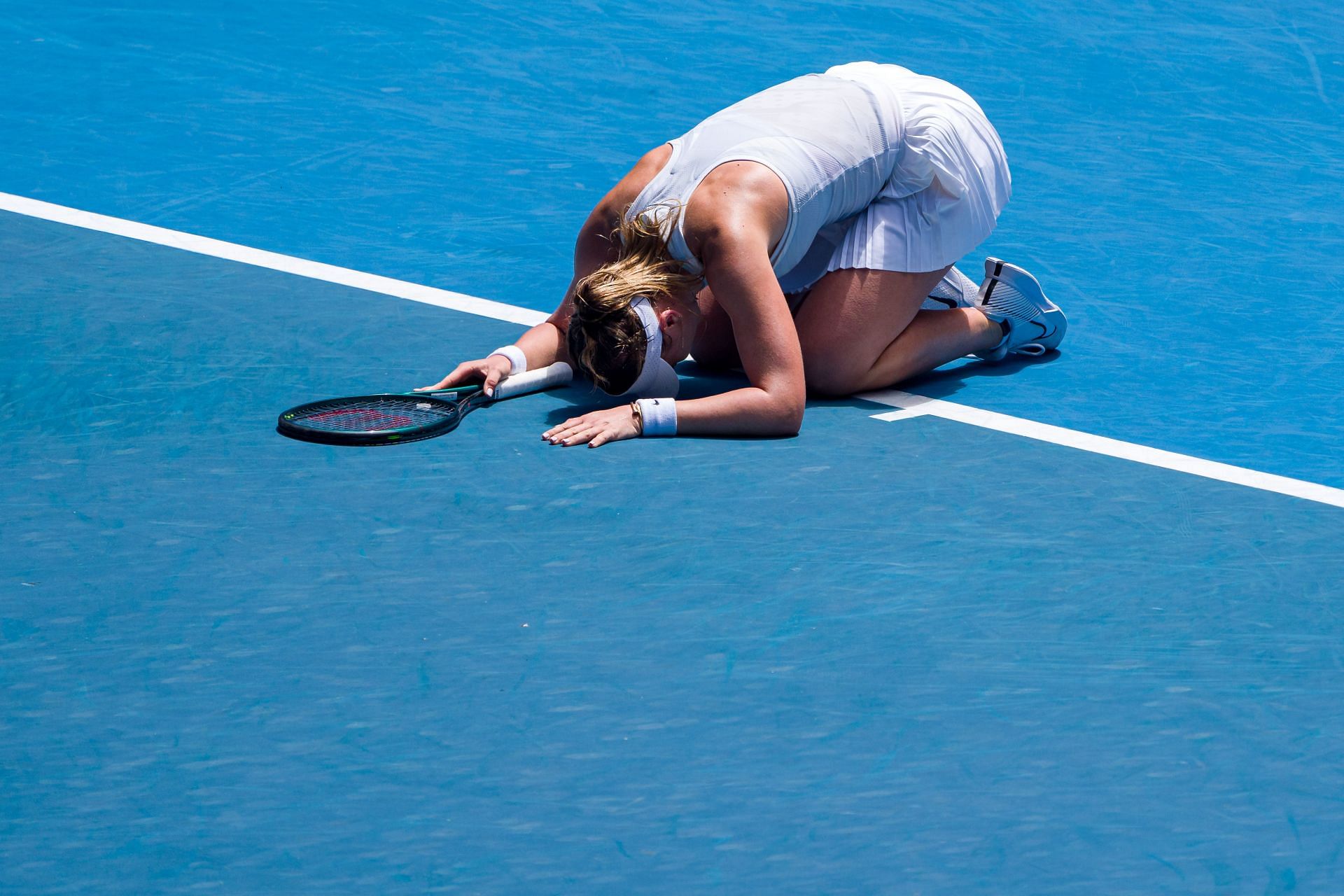 Paula Badosa celebrates beating Coco Gauff at the 2025 Australian Open. Source: Getty