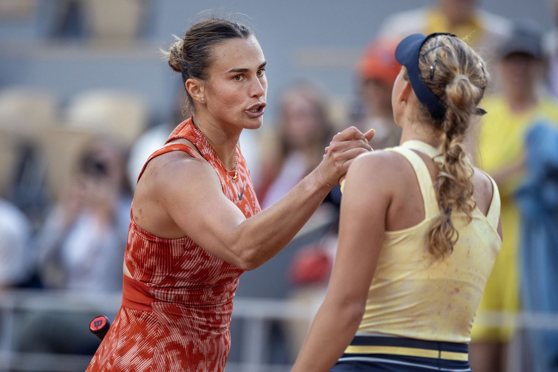 Aryna Sabalenka and Mirra Andreeva after their Quarterfinal match at the 2024 French Open. - Source: Getty